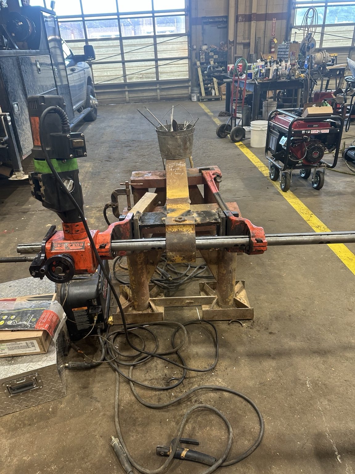 Portable line boring equipment positioned on a component